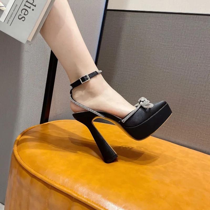Fashion Sexy Ankle Buckle Back Strap Thick High Heel Sandals Womens High Quality Pointed Platform Rhinestone Butterfly-Knot Party Shoes
