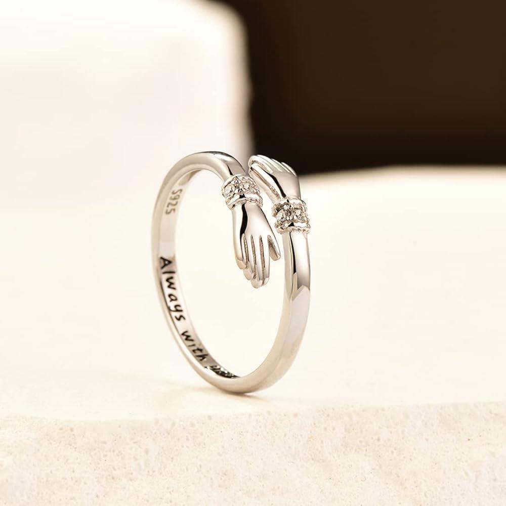 New S925 Sterling Silver Ring Women's Retro Design Creative Hands Hug Diamond Ring Opening