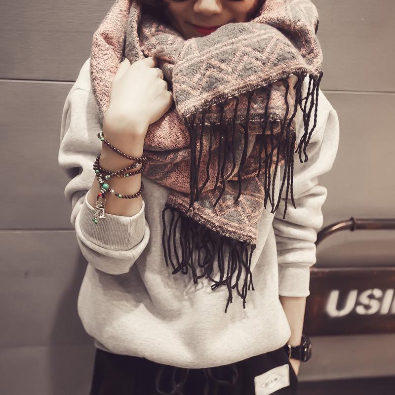 Retro Ethnic Style Tassel Warm Cashmere Scarf Oversized Thickened Shawl Student Winter Long Dual Use 70*190cm