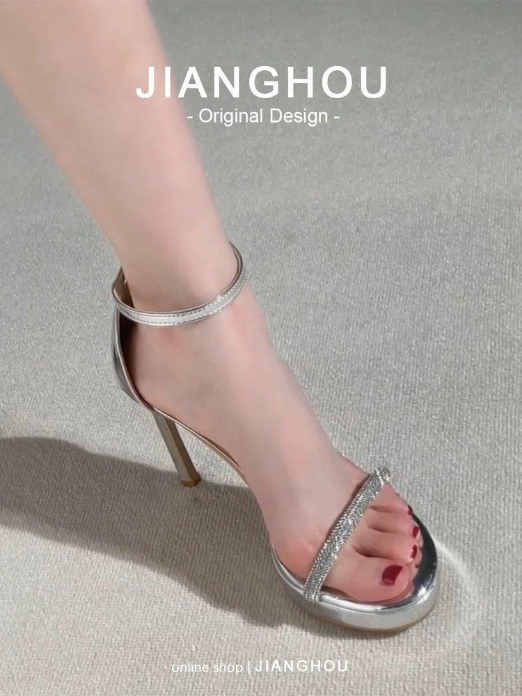 2025 summer new silver high-heeled sandals women's niche waterproof table rhinestone thin heel buckle sandals women