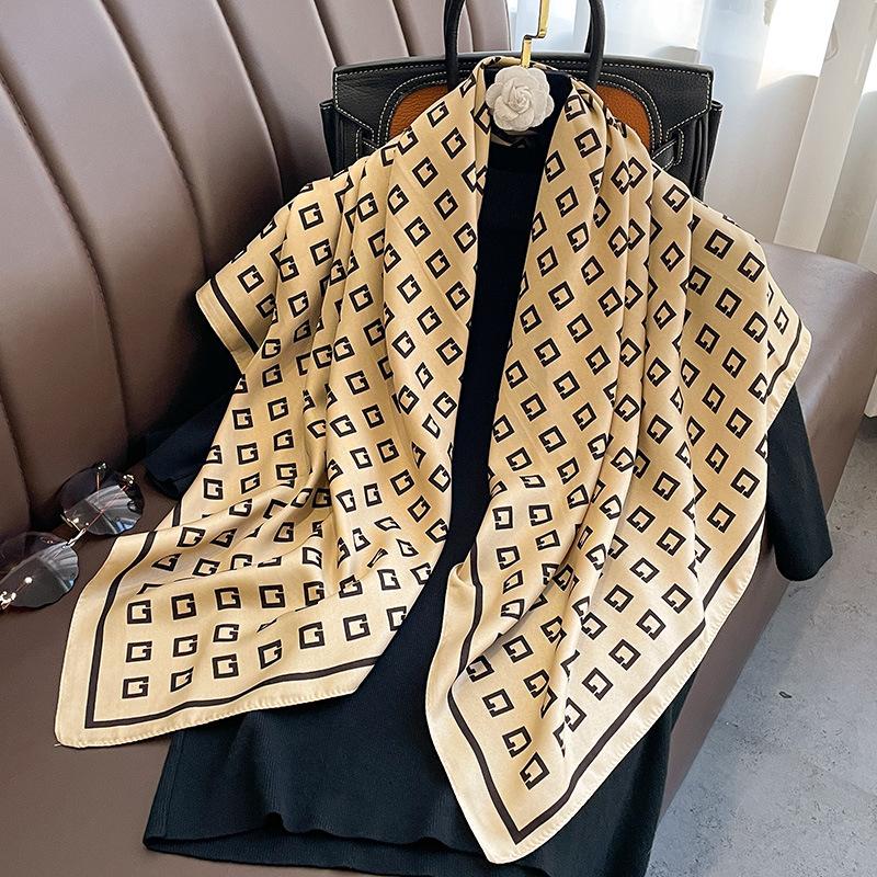 New Spring and Autumn Style Fashionable Twill Large Square Scarf for Women's Silk Scarf Dual-purpose Shawl Scarf Externally Decorative Scarf
