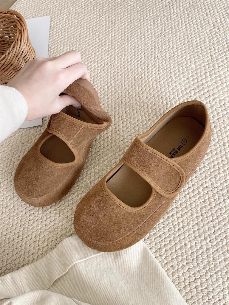 Leather Platform Velcro Doudou Shoes Women's 2025 Spring New Mary Jane Single Shoes Shallow Mouth Comfortable Versatile Women's Shoes