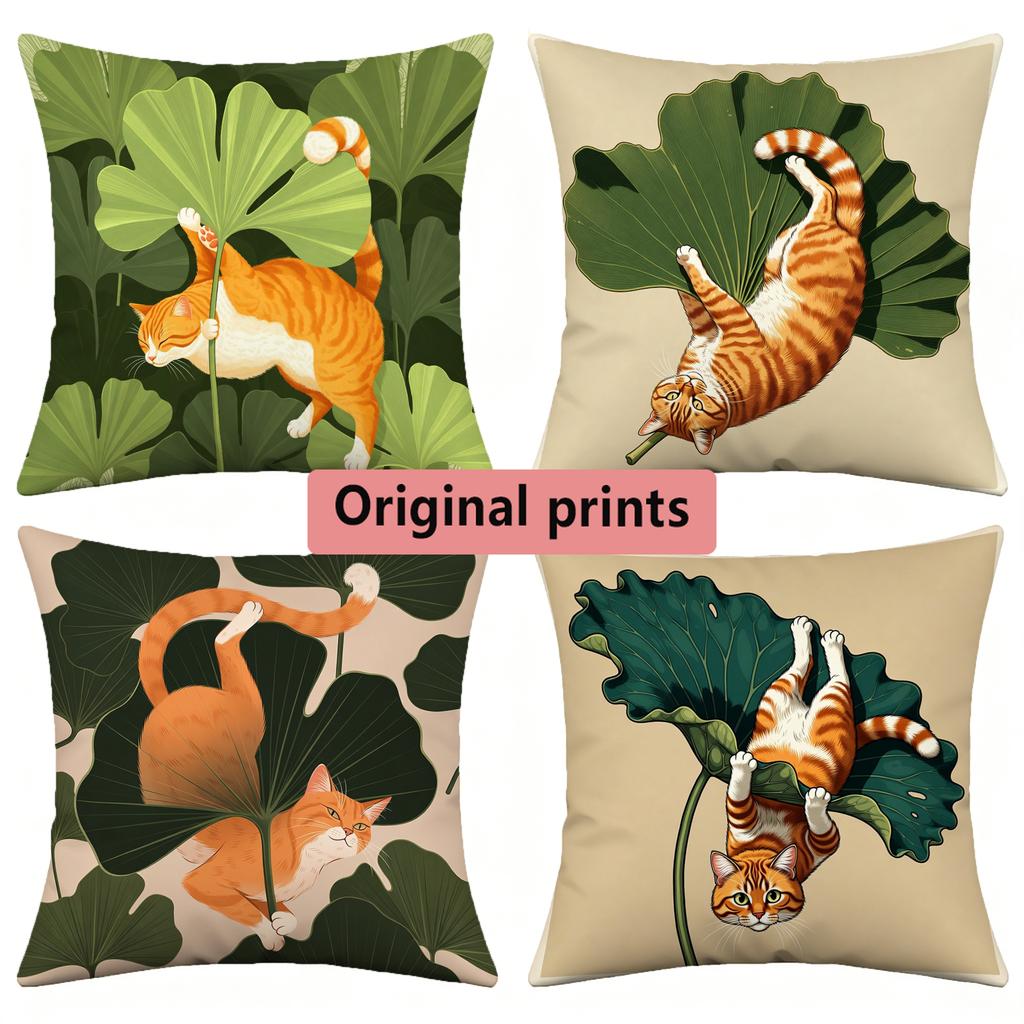 Ginger Cat & Tropical Leaf Print Cushion Covers Pattern Cushion Cover Suitable For Sofa Bedroom Car Pillow Cover