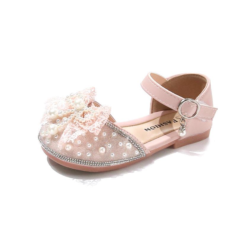 Girls Princess Shoes Pearl Bag Head Half Sandals Girls Performance Shoes 2025 Summer New Children's Soft-soled Crystal Shoes