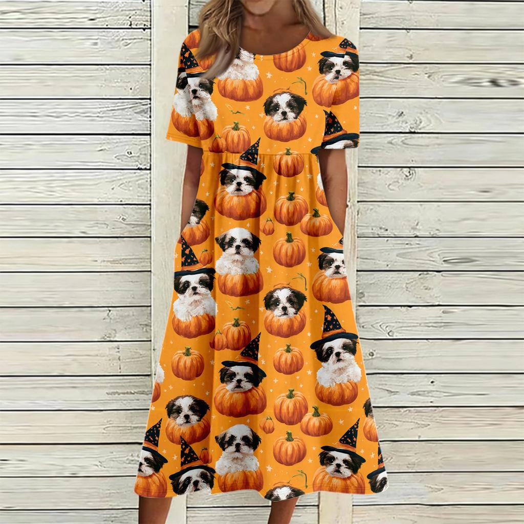 Damen Freizeitkleid mit Halloween-Print, Rundhalsausschnitt und Taschen für Partys