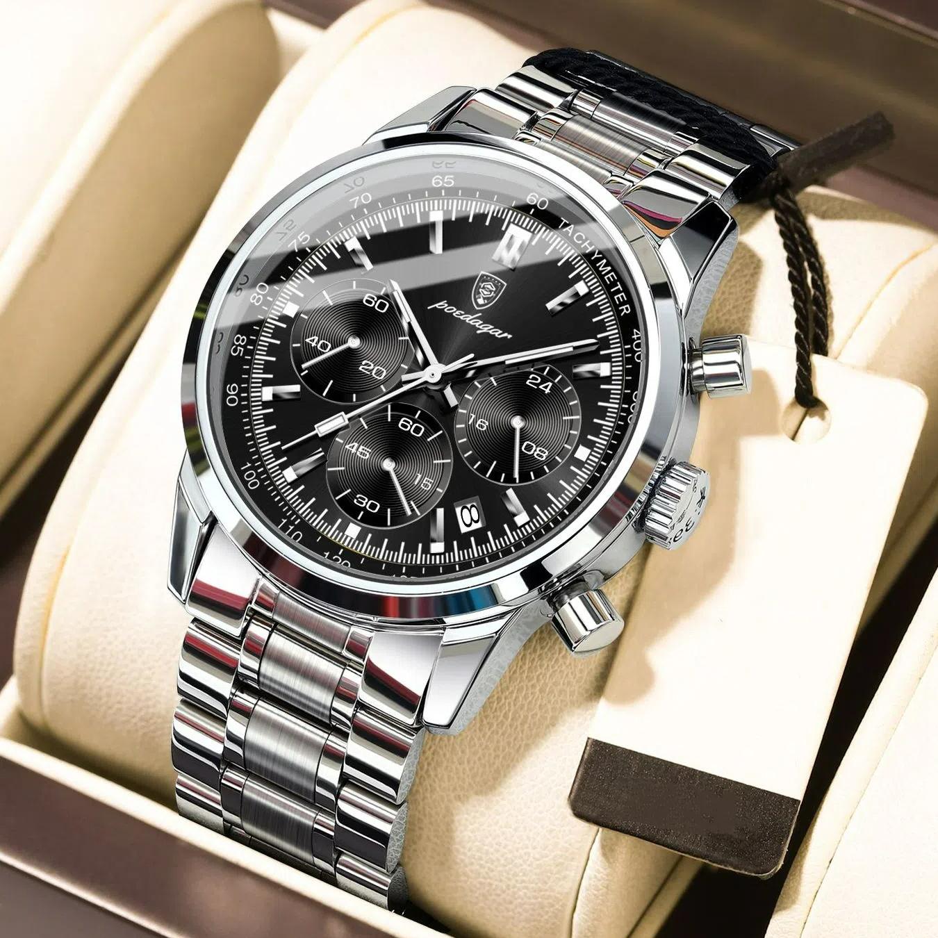 

POEDAGAR Роскошные мужские часы с хронографом, водонепроницаемые, светящиеся, с датой, из нержавеющей стали, кварцевые часы для мужчин, военные мужские часы серебряный/чёрный