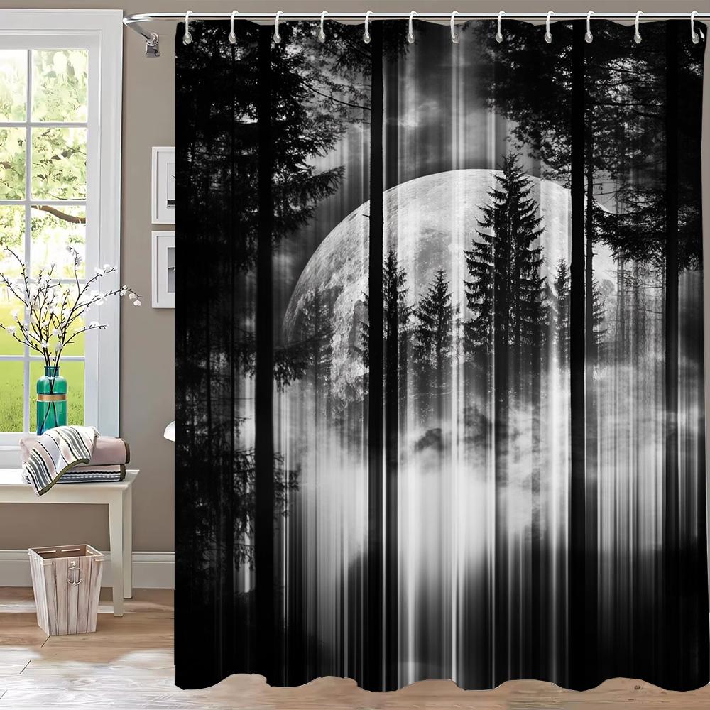 Mysterious Night Misty Forest Shower Curtain, Scenery Bathroom Curtain,Printed Polyester Home Decorative Curtain with Hooks