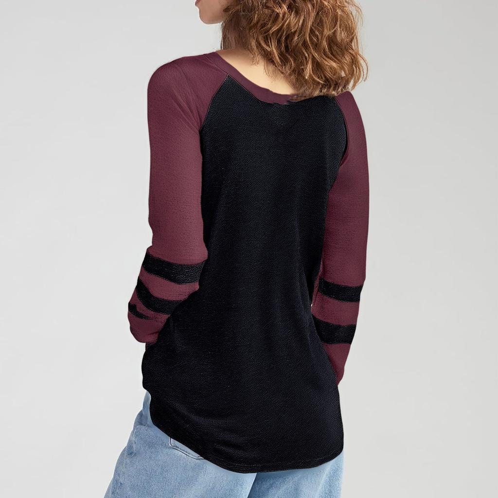 Ladies' Casual And Fashionable Color Blocked Round Neck Long Sleeved Casual Loose T-shirt Top
