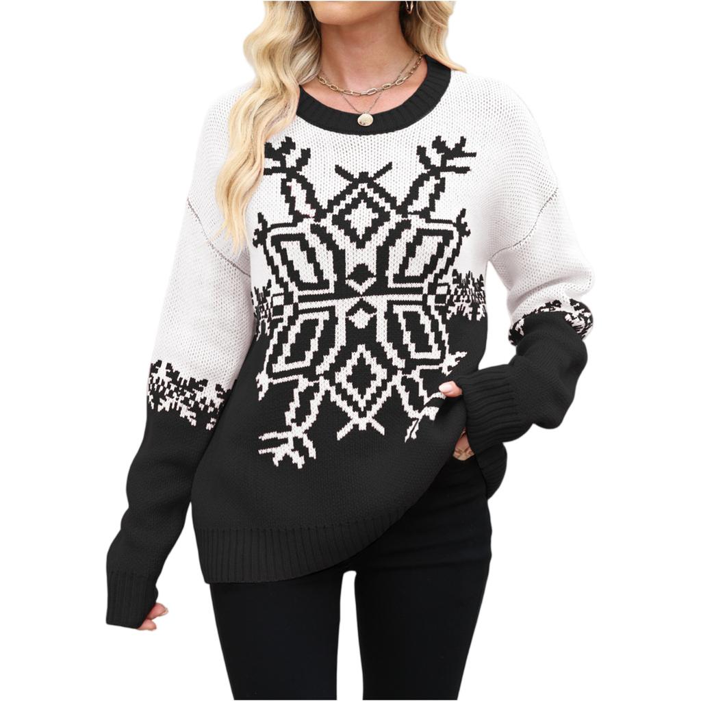 Women's Fashionable Round Neck Long Sleeved Christmas Snowflake Sweater Casual Pullover Knitted Sweater Top