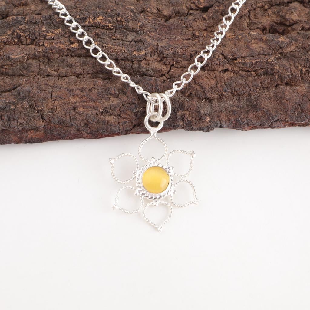 Round Yellow Cat'S Eye Stone 925 Silver Anniversary Sisters Day Pendant Jewelry PP-18-40