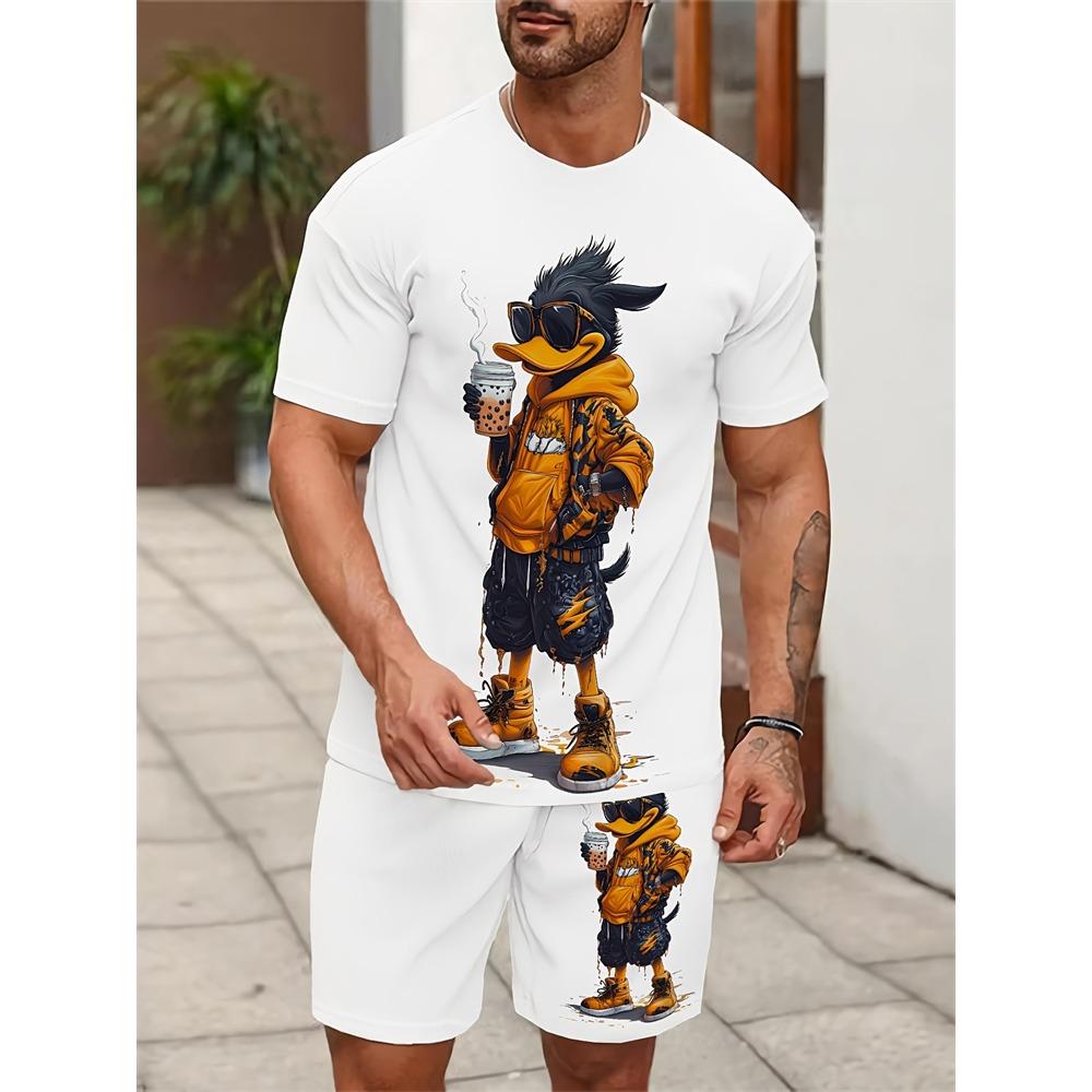 

Summer Men s Personalized Two-piece Short-sleeved Cartoon Duck Print Drawstring Shorts Fashion Outdoor Large Size Sports Suit S