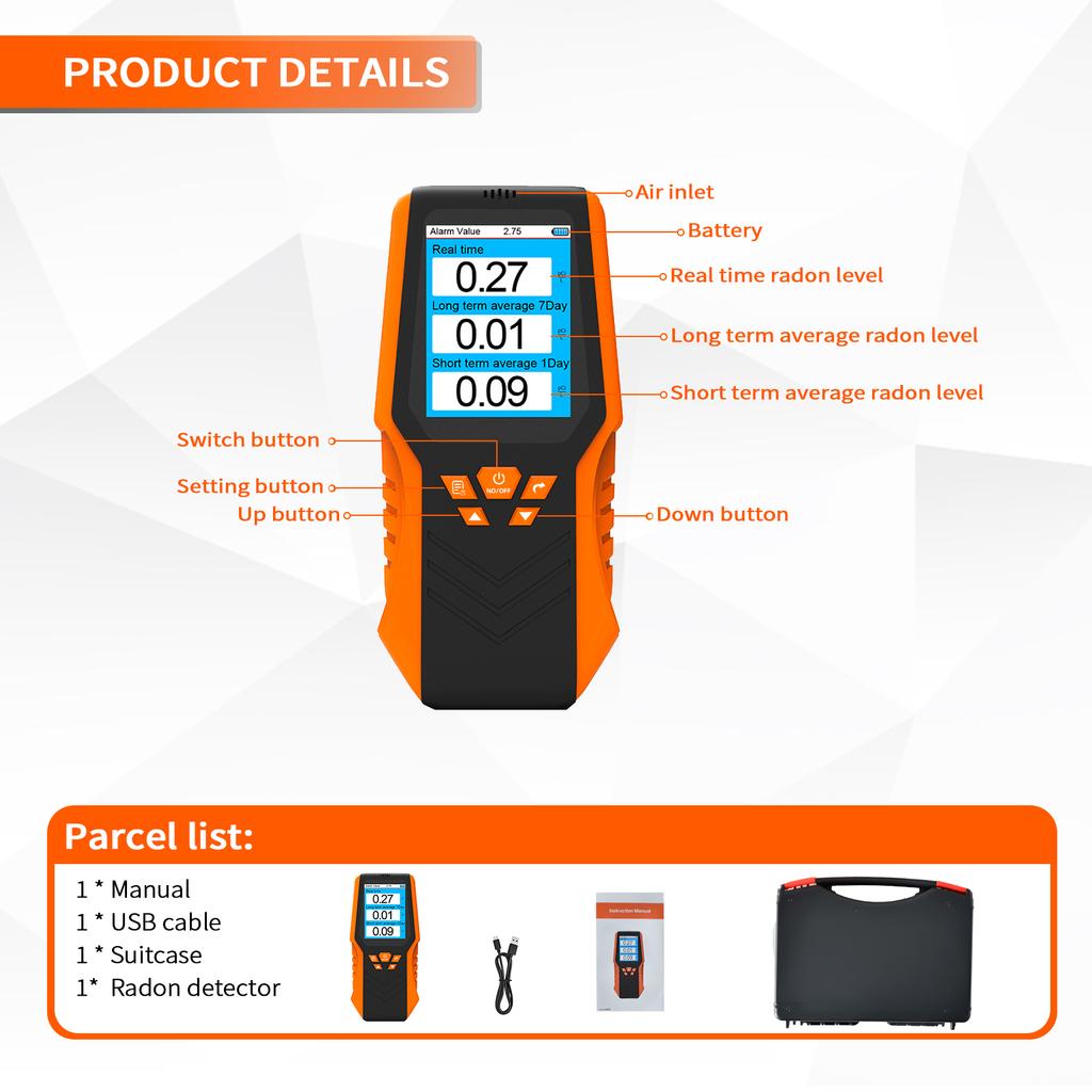 Radon Detector Portable Radon Gas Tester 0.1-1750 PCi/L Fast Accurate Results for Home & Environmental Monitoring Handheld Radon Gas Real-time Value