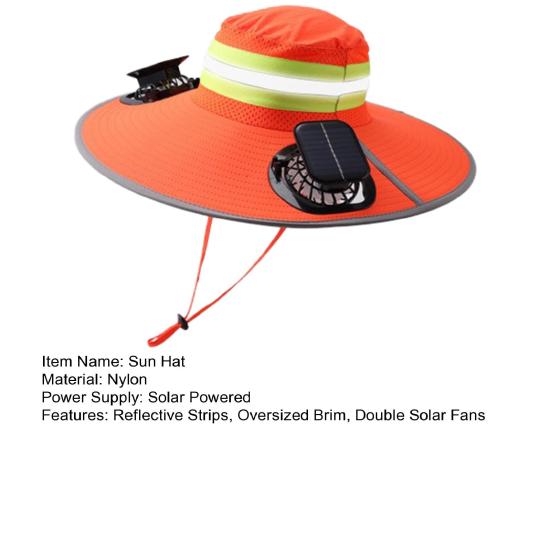 Sonnenhut mit zwei Solarlüftern Hochglänzende Reflektorstreifen Sicherheitswarnung Überdimensionierter Schirm Vollgesichts-UV-Schutz Eimerhut