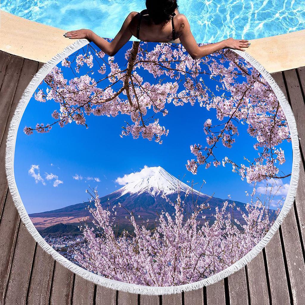Cherry Blossom Round Beach Towel,Pink Romantic Cherry Blossom Sand Proof Beach Blanket Absorbent Quick Dry Pool Towel Picnic Mat