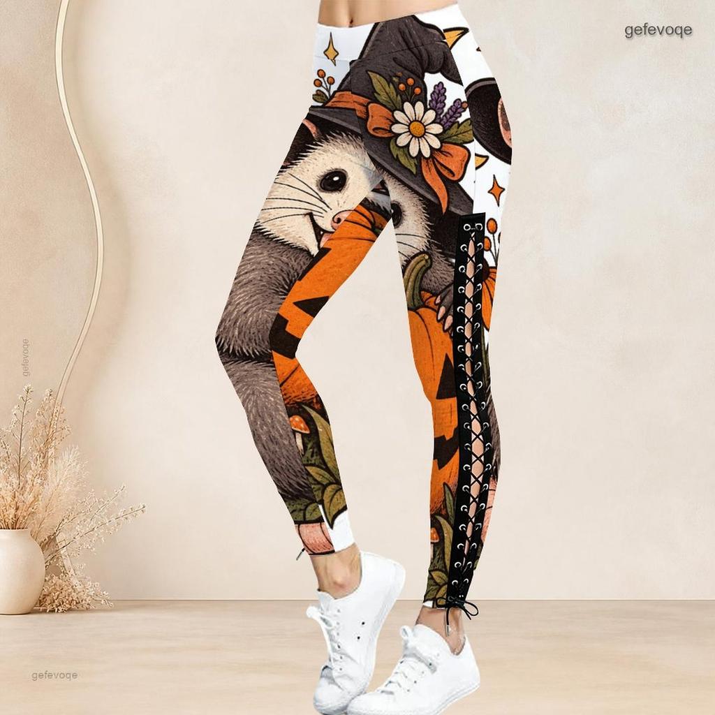 Women Plus Size High Waist Halloween Sloth Printed Side Eyelet Lace Up Full Length Fitted Leggings