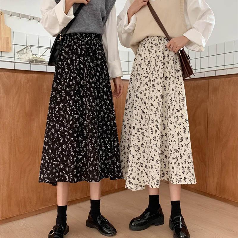 Vintage Floral Print A-line Pleated Long Skirts Summer Women Skirt Streetwear Drawstring Elastic Waist Midi Skirt