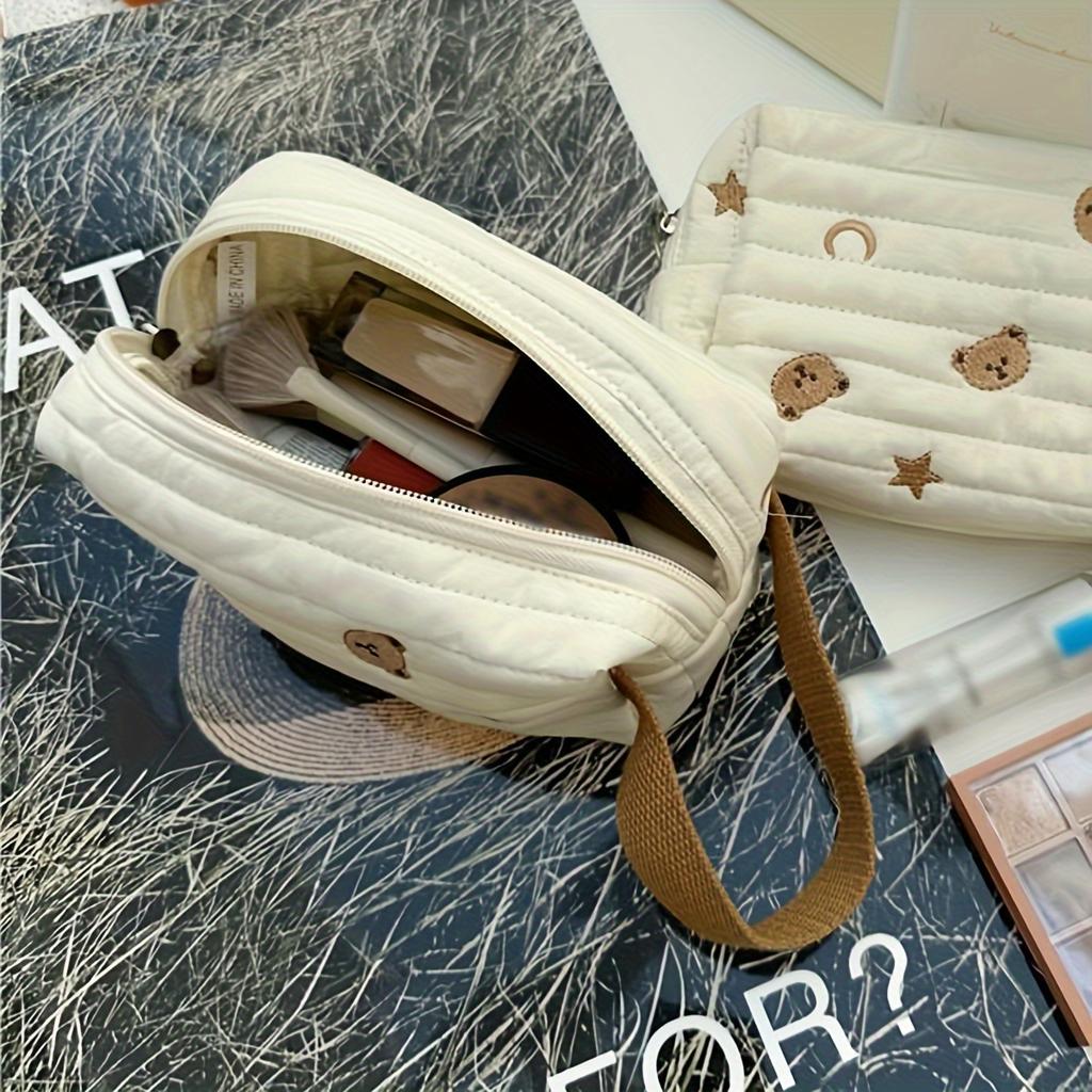1pc Kawaii Makeup Bag Cosmetic Case Cute Bears Storage Organizer With Handle Aesthetic Zipper Toiletry Bag Beige