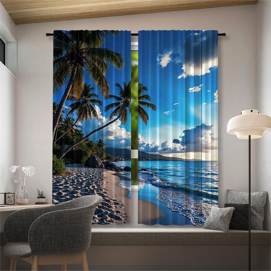 Blue sky and beach pattern printed curtains, pole bag curtains, Christmas decorations, daily home decorations, room decorations