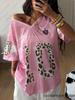 2026 Sommer Sexy Leopardenmuster 01 T-Shirt Für Damen V-Ausschnitt Kurzarm Sport Fußballtrikot Y2K Locker Übertrieben Große Oberteile