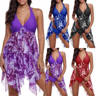 Women Fashion Plus Size S-5xl Halter Swimsuits Floral Sexy Irregulat Top+ Brief Swimwear Sets