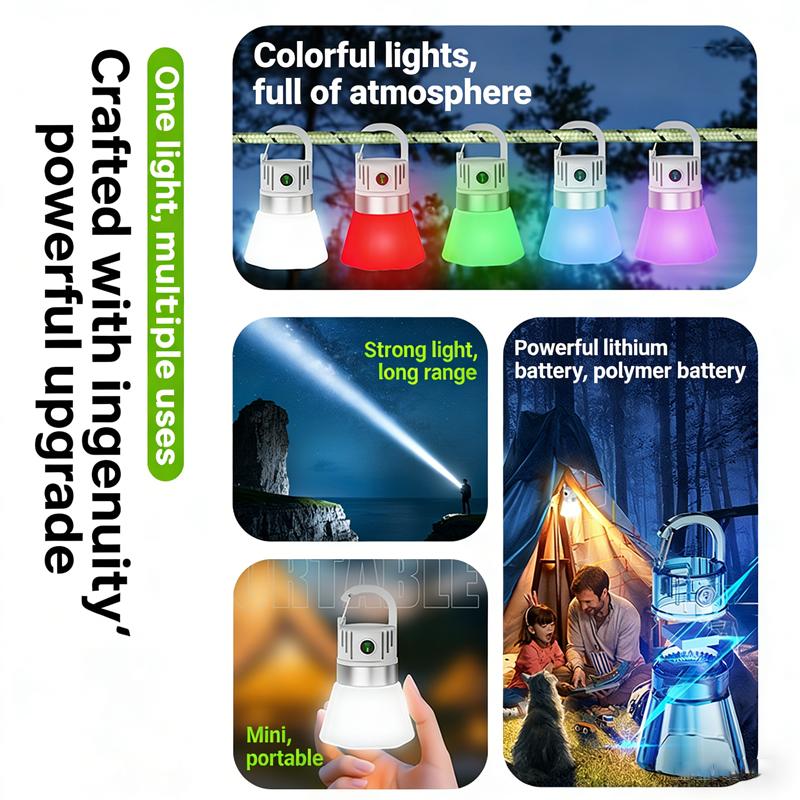 Portable Outdoor 450mAh Battery Rechargeable Camping Light with Hook High Brightness IPX4 Emergency Flashlight RGB Lamps