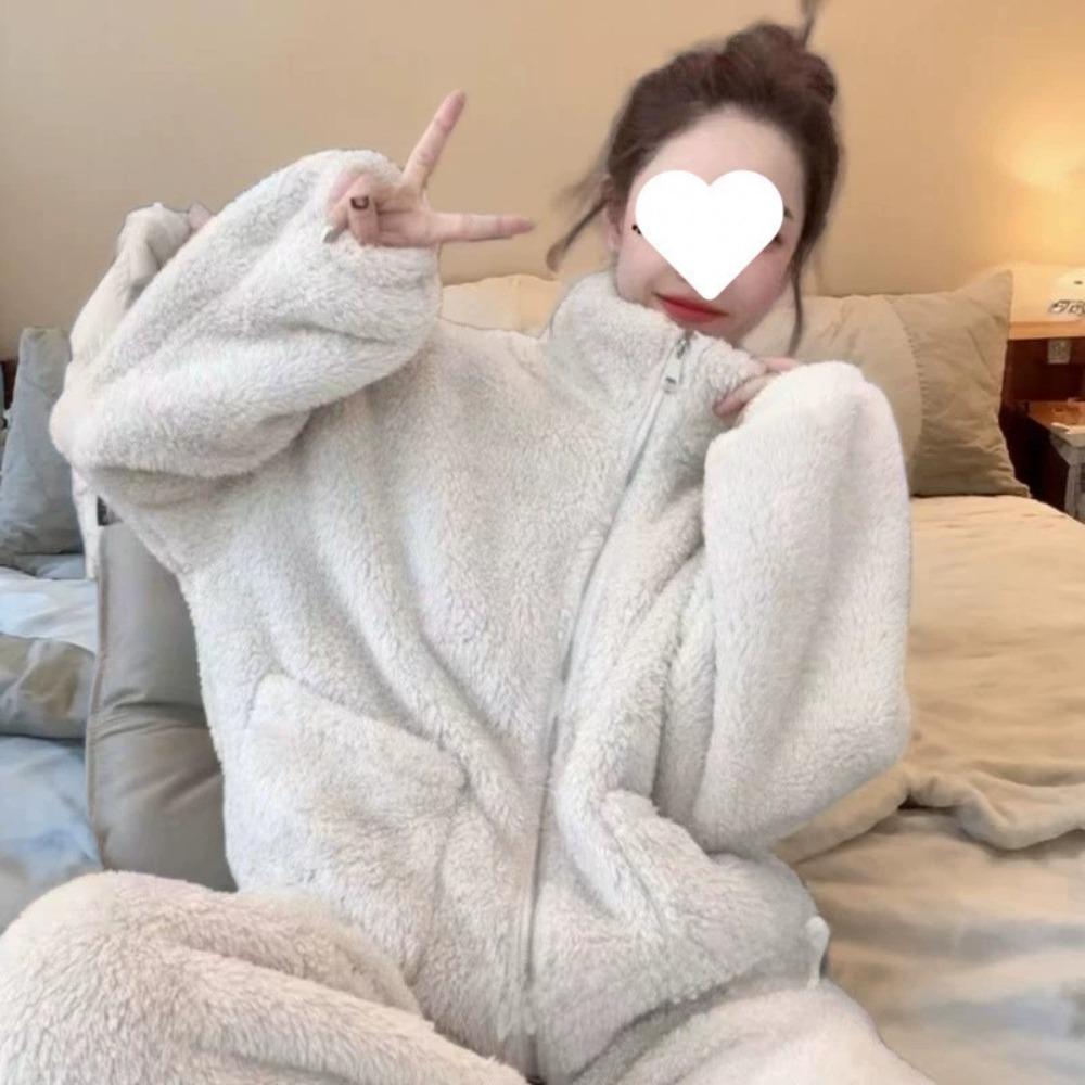**Kadın Flanel Pijama Takımı Yuvarlak Yaka Jakarlı Uzun Peluş Kalın Sıcak Ev Giyimi**