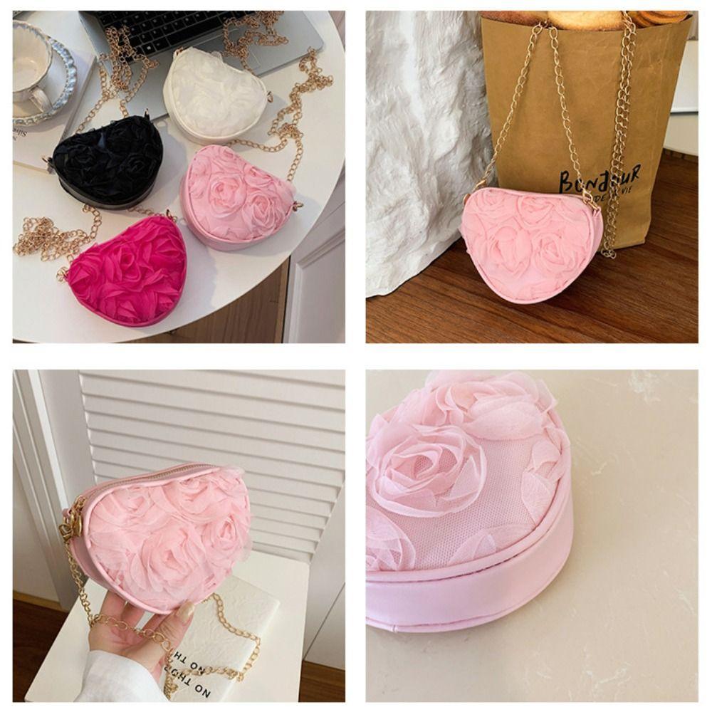 PU Leather Women Heart-shaped Crossbody Bag Large Capacity Lightweight Crossbody Bag Tote Bag Zipper Rose-shaped Chain Bag