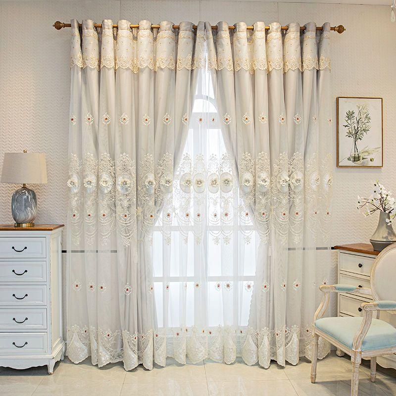 

Домашний декор, двухслойные плотные шторы для гостиной, европейский тисненый цветок, жемчуг, вышитая тюлевая занавеска 2PC W170cm x L270cm