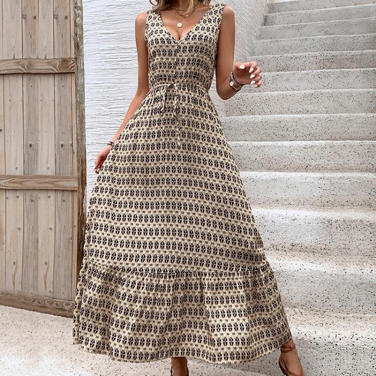 High Waist Women Dress Print Temperament Fashion Lace Up Sleeveless Pleated Autumn Winter Color