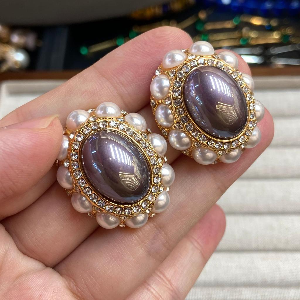 Vintage Vintage High Bright Beads Thick Oval Earrings Medium Antique Elegant Versatile Stud Earrings