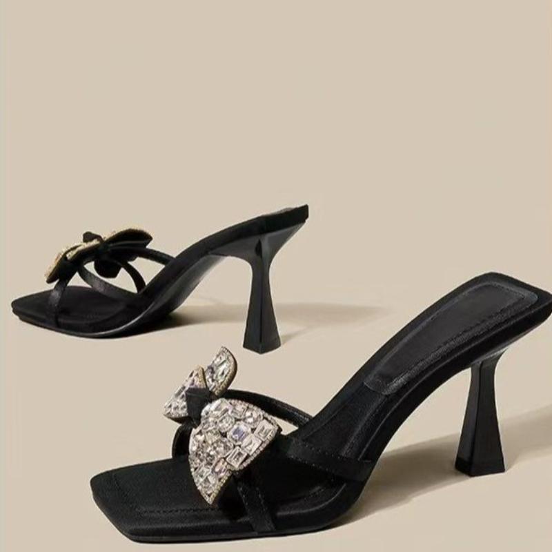 

Fashion Summer New Stiletto Sandals Square Head Open Toe Sequin Butterfly Knot Thin Strap Anti-slip Wear-resistant High-heeled Slippers 34 чёрный