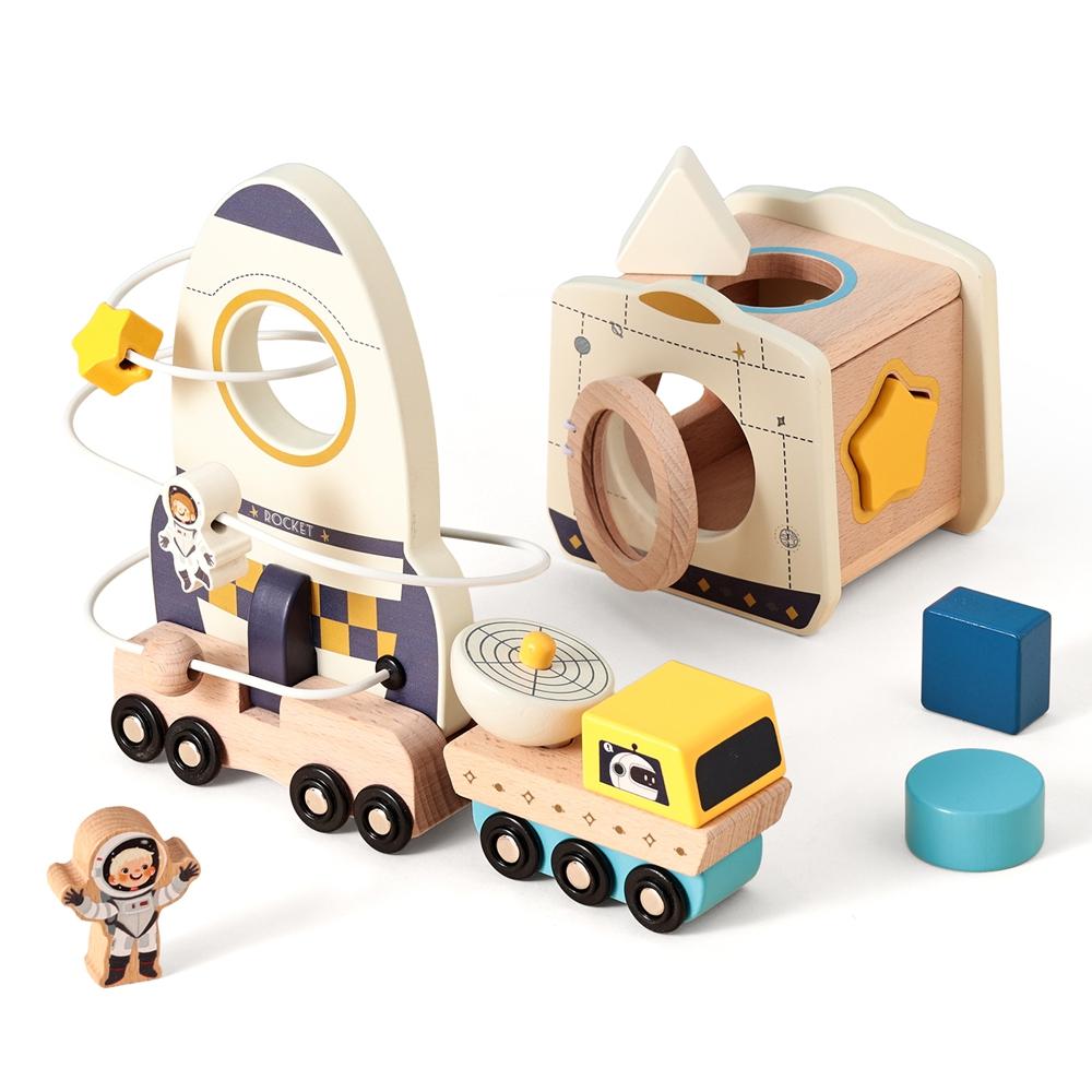 Wooden Astronaut Space Toys Set Baby Montessori Rocket Knowledge Puzzle Toys Early Shape Perception Building Block Stacking Game