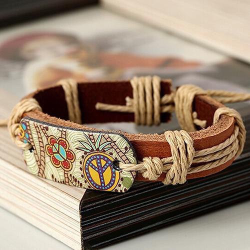 Women Men Vintage Punk Style Pyrograph Peace Sign Charm Infinity Bangle Bracelet