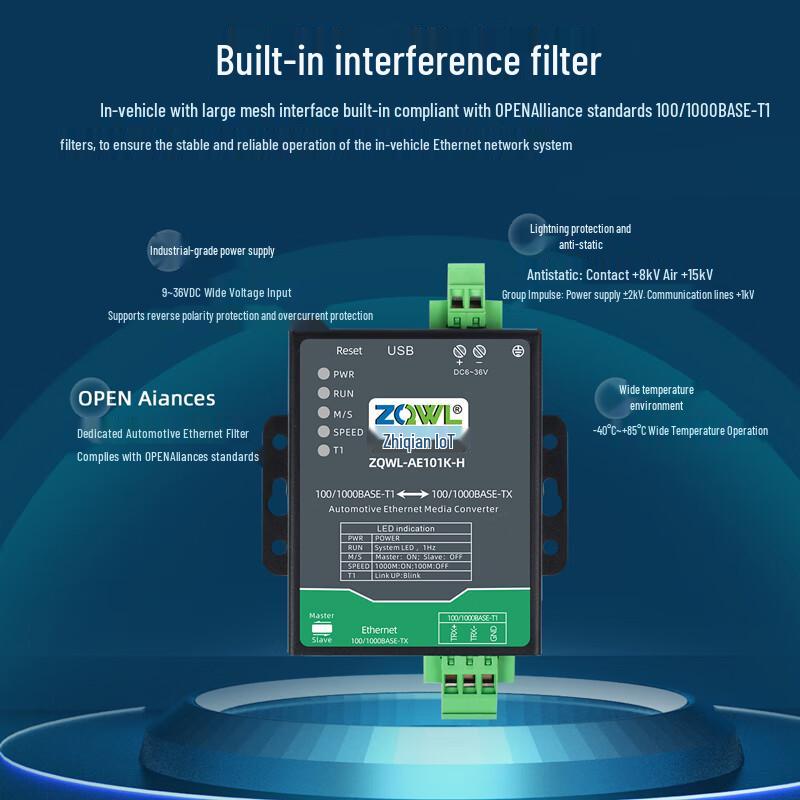 Automotive 100/1000BASE-T1 To RJ45 Ethernet Converter