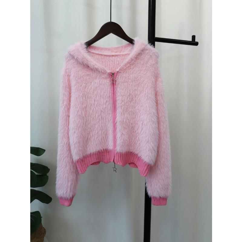 

Кардиган вязаный из имитации норкового бархата на молнии с капюшоном, осенне-зимний, свободный, мягкий, восковой, куртка-свитер, женский, повседневный, универсальный one size fits all розовый