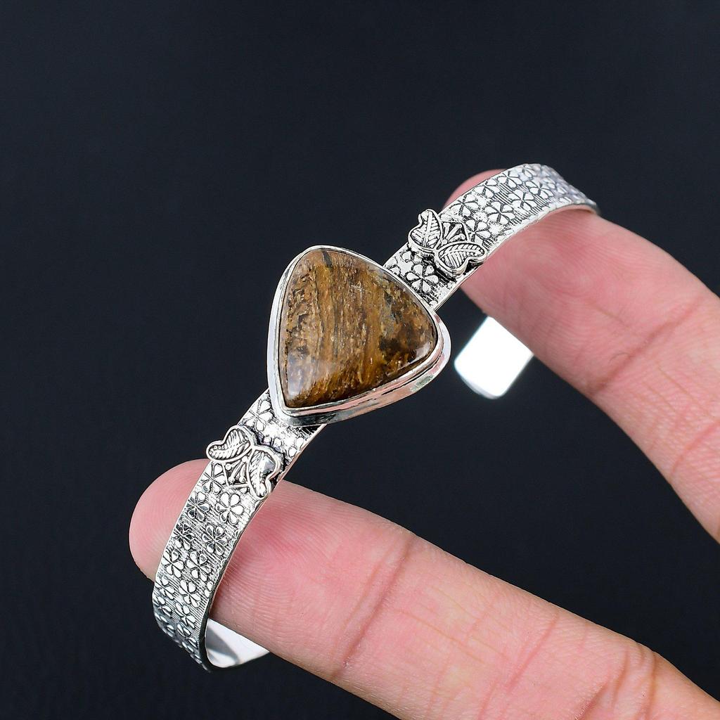 925 Silver Pear Bronzite Stone Trendy Anniversary Wedding Boho Bangle Jewelry