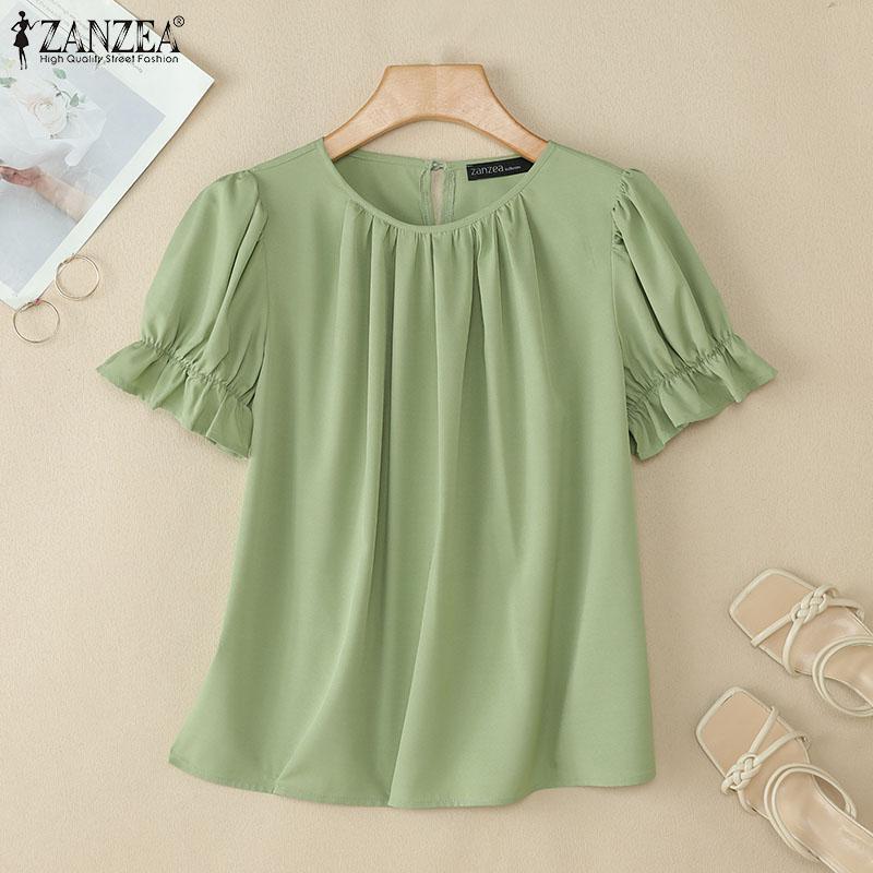 ZANZEA Blusa Feminina de Verão Casual de Manga Curta com Gola Redonda
