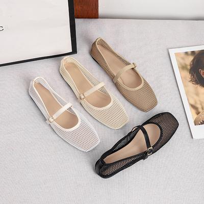 Women's Mesh Ballet Flats Summer Mary Jane Shoes Ballerina Walking Shoes Non-Slip Square Closed Toe Mary Jane Flats with Adjustable Strap Dress Shoes