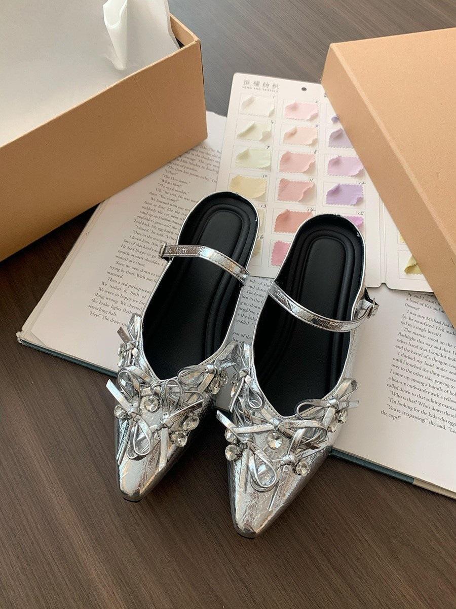 

Inner height increase silver bag head half slippers women s outer wear 2025 spring and summer temperament ballet bow Mary Jane single shoes 35