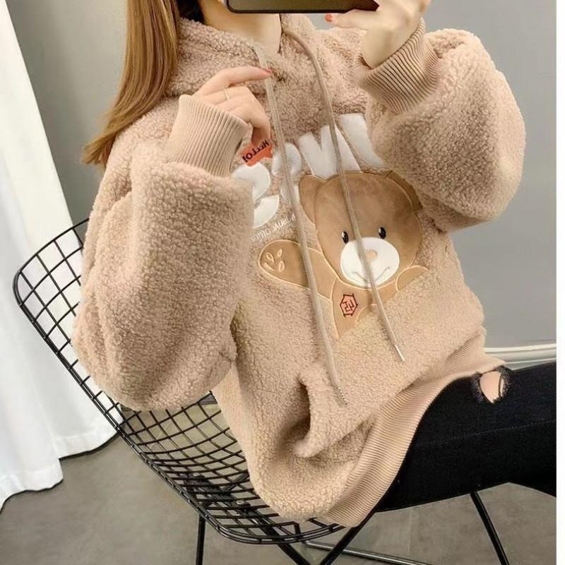 Womens Winter Fleece Sweatshirt Cute Bear Loose Fit Warm Pullover Casual Wear