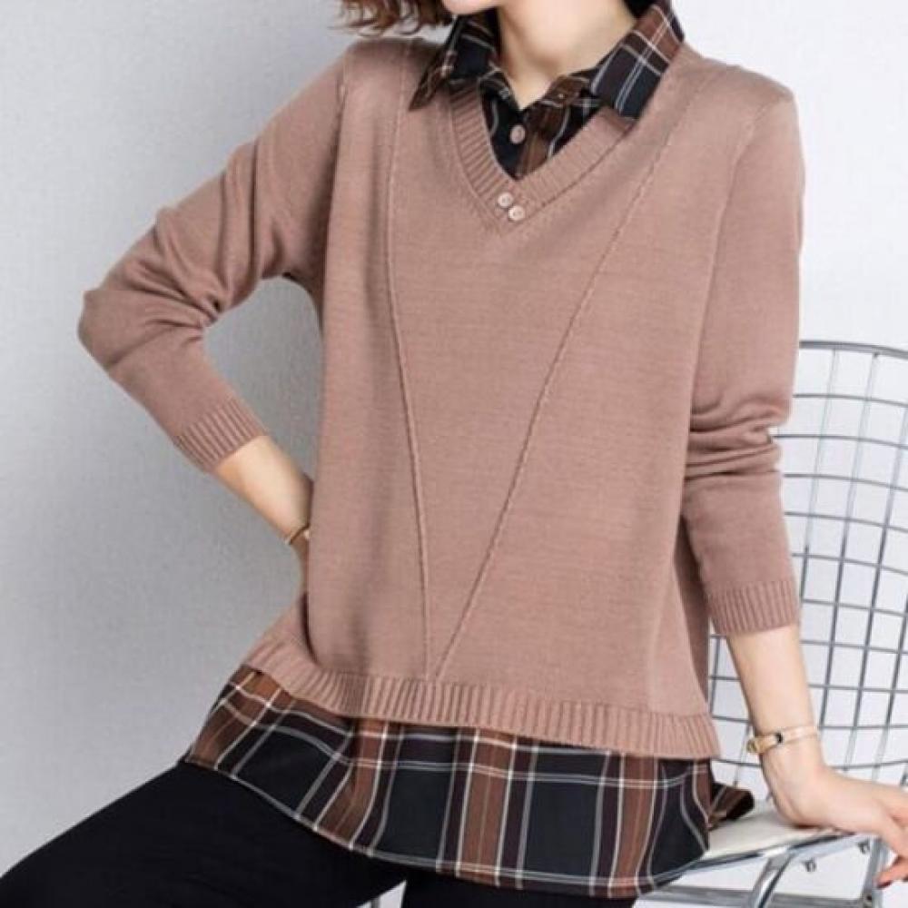 Navava Men VInTage Two In One Check Collar Long Sleeve KniT T shirT Nk3200