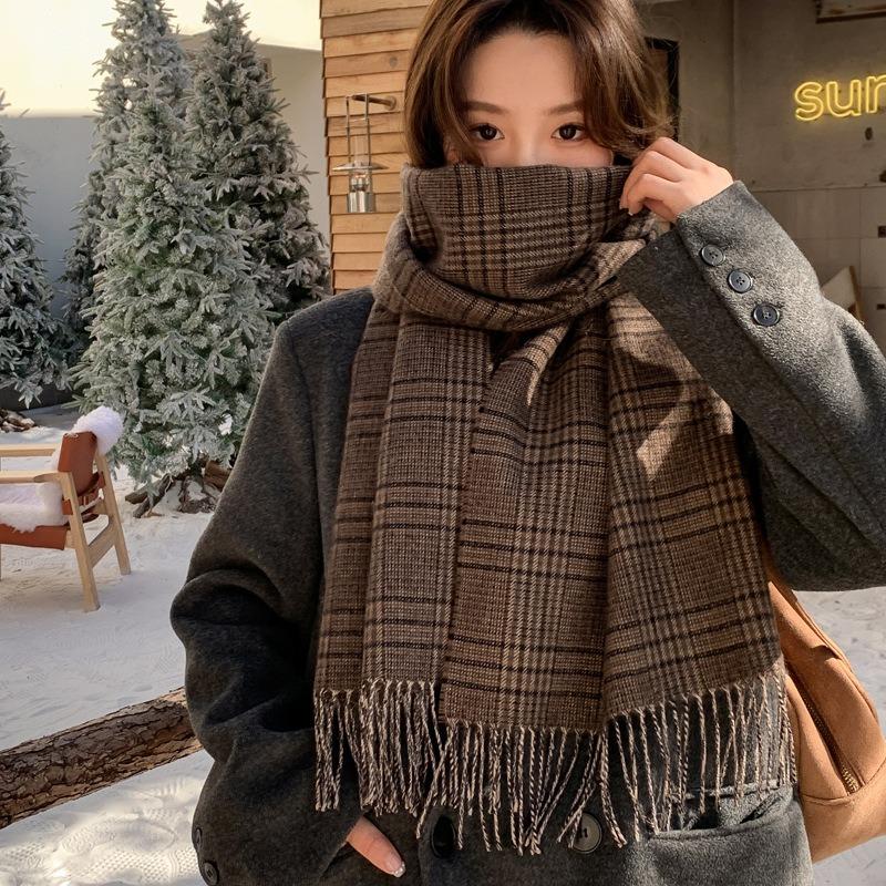 Coffee wool scarf women's new autumn and winter plaid cashmere couple scarf men