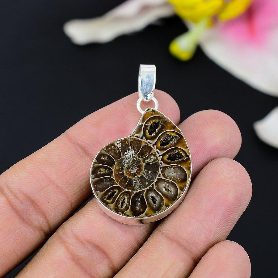 Ammonite Fossil Gemstone Handmade 925 Sterling Silver Jewelry Pendant 2.29" KG-136