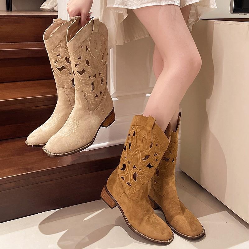 Soft Leather Hollow Western Cowboy Boots Women's 2025 Summer New Short Boots Brown Long Knight Boots High Martin Boots