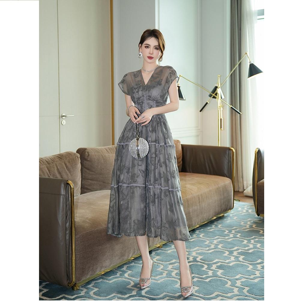 Summer Women's French Retro V-neck Temperament, Waist Cinching Printed Large Swing Long Dress