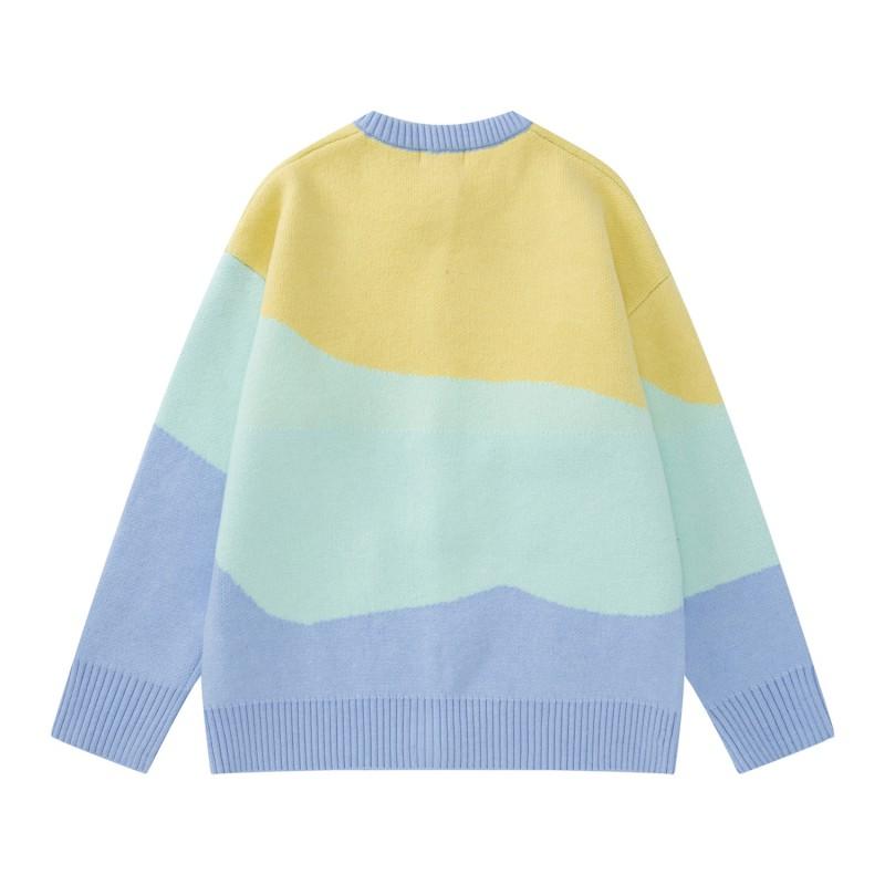 American Retro Cartoon Cat Embroidered Cardigan Loose Casual Color Block Knit Jacket Teens