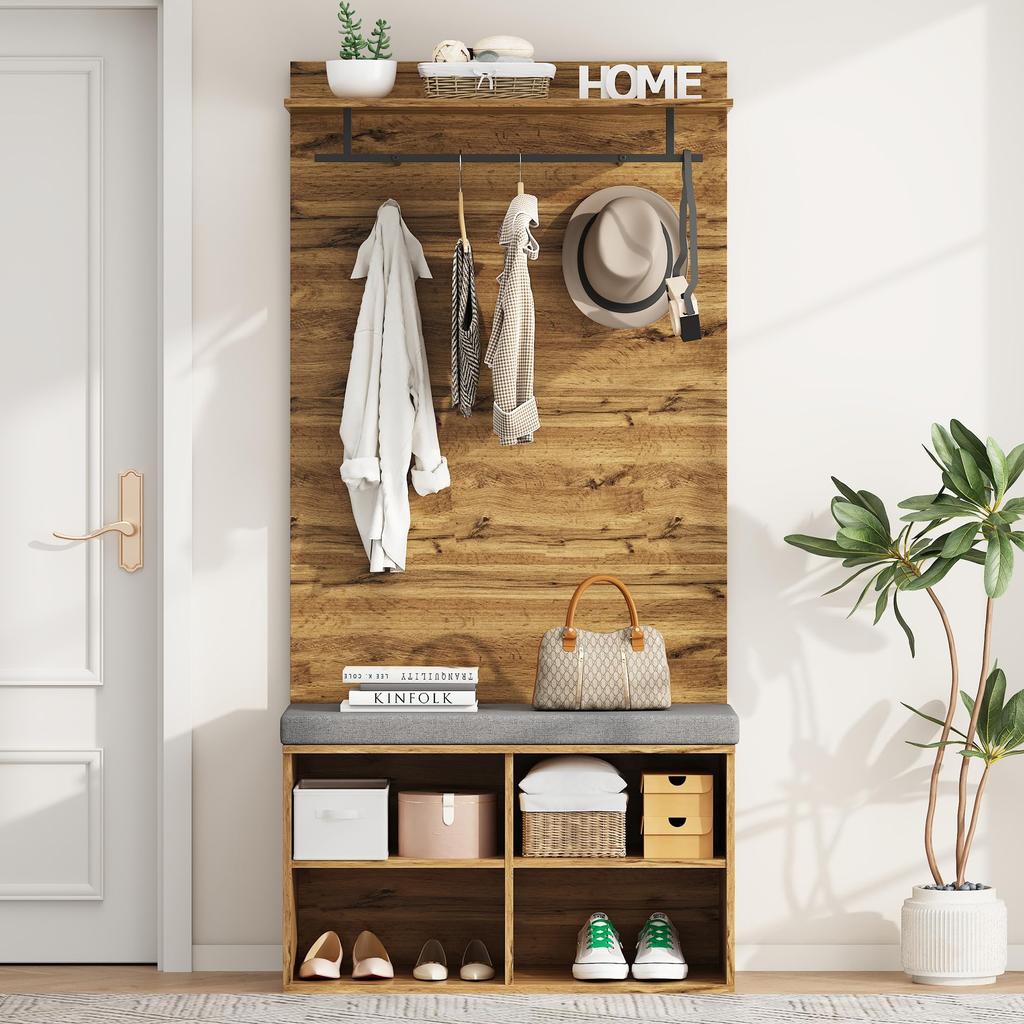 Flurgarderoben Set 175cm hohes, Stylishe Schuhbank, Regal, Kleiderhaken, Kleiderstange, Wandgarderobe verstellbarem Regal, Holzfarbe