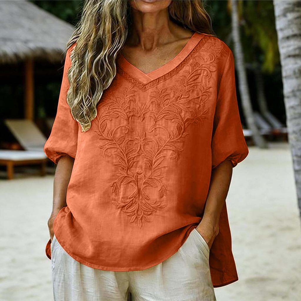 Women Vintage Embroidered V Neck Loose Fit Puff Sleeve T Shirt Casual Relaxed Fit Top for Daily Wear Spring Summer Outfits