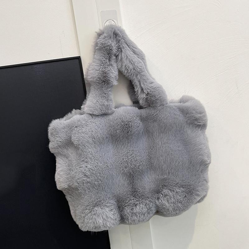 Dames Pluizige Schoudertassen Winter Top-Handvat Handtas Pluche Tote Bag Effen Kleur Commuter Veelzijdige Handtas CLE