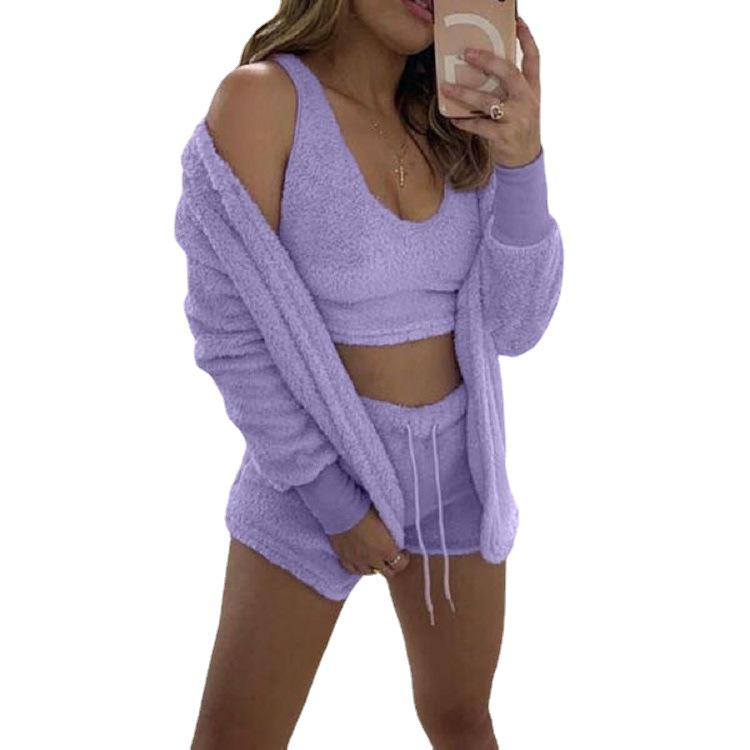Plush Long-Sleeve Casual Three-Piece Set: Jacket, Vest & Shorts